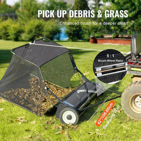 42-inch Lawn Sweeper Tow Behind, 12 cu.ft. Large Pull Behind Grass Sweeper, Heavy Duty Leaf & Grass Collector with Dumping Rope Design, Adjustable Sweeping Height for Picking Up Debris & Grass