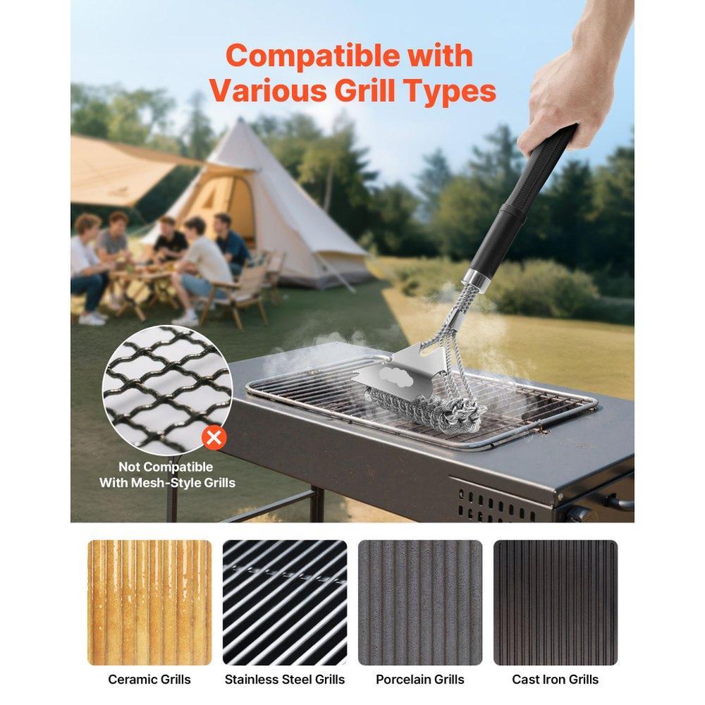  Grill Brush and Scraper, BBQ Brush for Outdoor Grills, Stainless Steel Woven Wire, Bristle Free Barbecue Brushes for Porcelain, Charcoal, Grate Cleaner Grill Accessories, 17 in