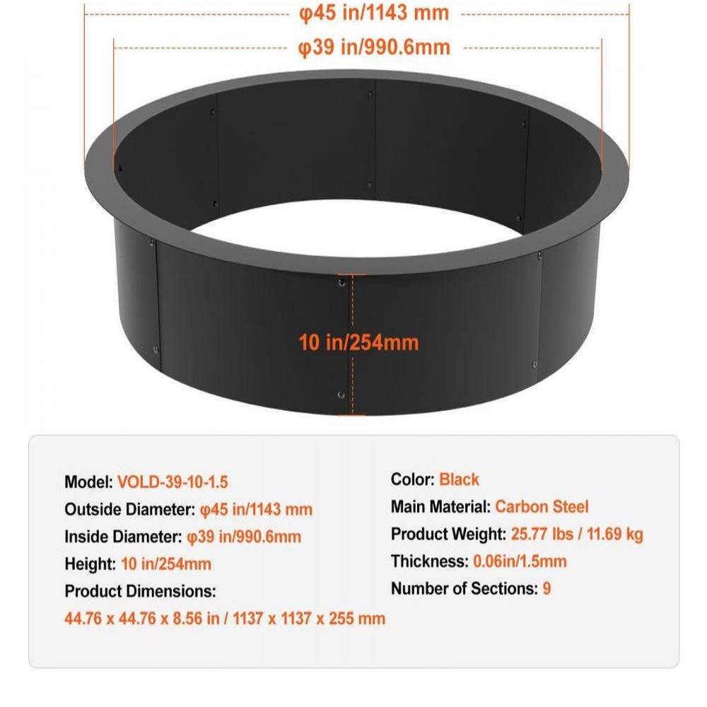 Round Fire Pit Ring 45 Inch Outer Steel Liner DIY Campfire