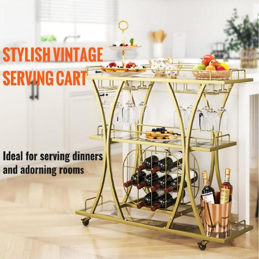 3 Tiers Gold Metal Bar Serving Cart with Wine Rack Glass Holder 180 LBS