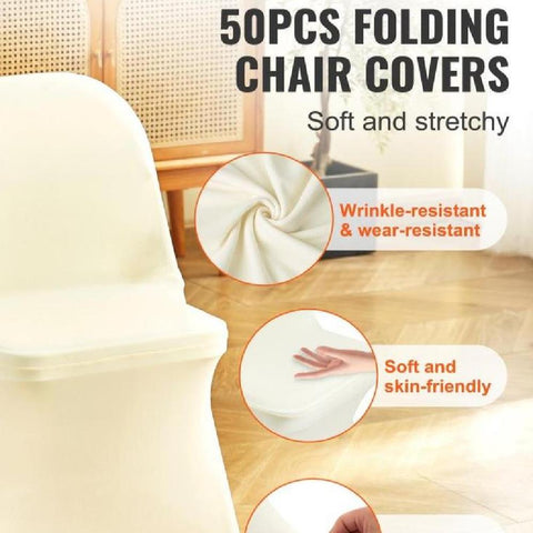 Stretch Spandex Folding Chair Covers, Universal Fitted Chair Cover, Removable Washable Protective Slipcovers, for Wedding, Holiday, Banquet, Party, Celebration, Dining (50PCS Ivory White)