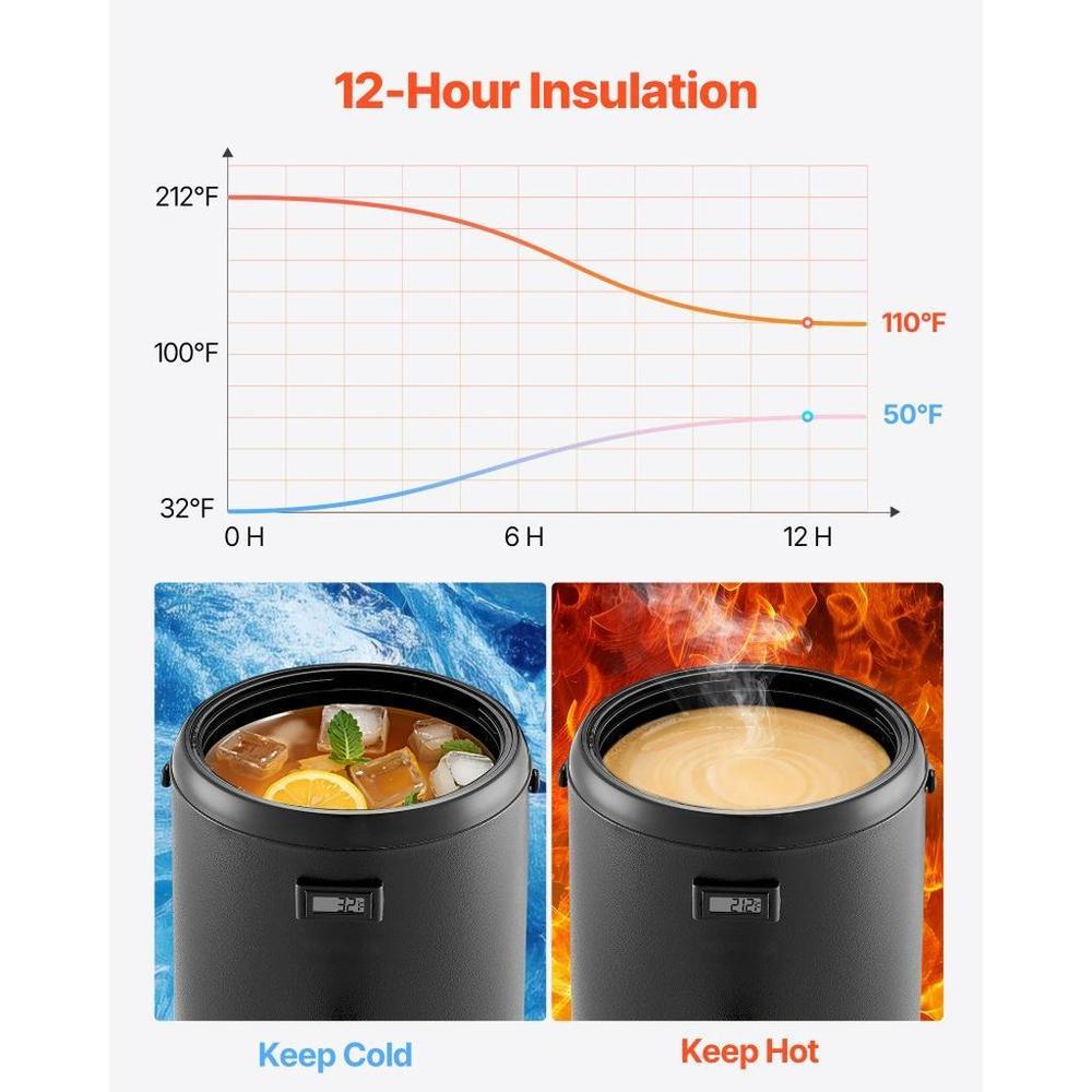 Insulated Beverage Dispenser, 3.2 Gal/12L Stainless Steel Thermal Drink Server with Spigot & Temp Display, Suitable for Hot and Cold Drinks, for Tea Coffee Water in Cafes & Restaurants, Black