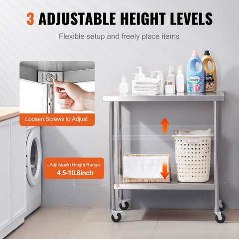 Stainless Steel Work Table 30 x 36 x 38 Inch, with 4 Wheels, 3 Adjustable Height Levels, Heavy Duty Food Prep Worktable for Commercial Kitchen Restaurant, Silver