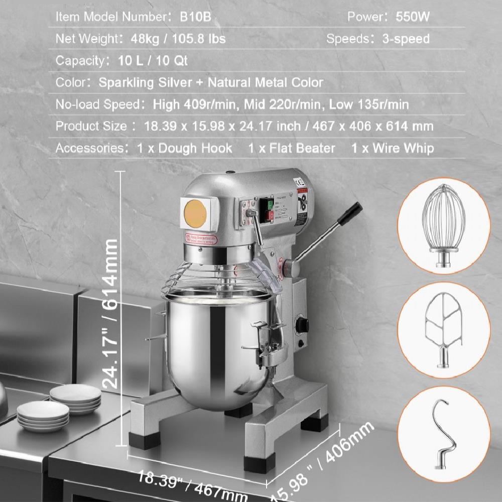 Commercial Food Mixer 10L 3-Speed Stand Dough Mixer 550W for Restaurant