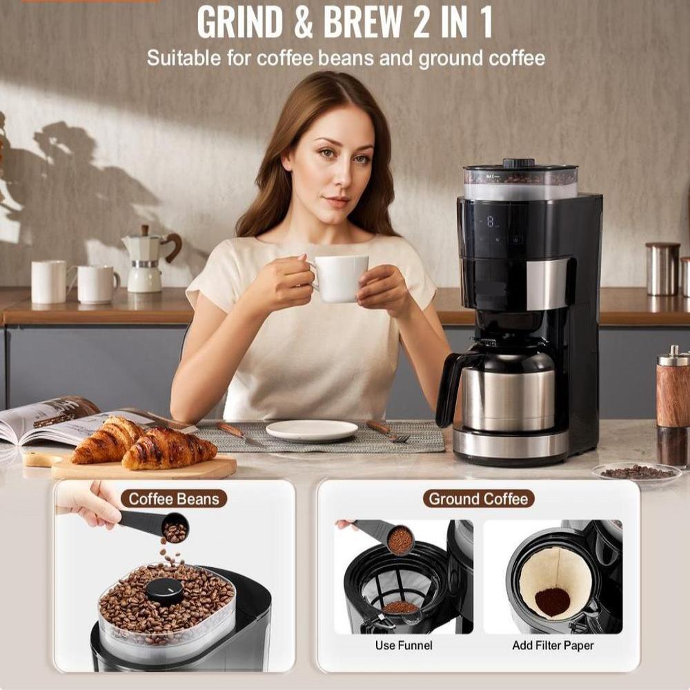 Coffee Maker with Grinder, 8 Cup Programmable Coffee Machine, Grind and Brew Coffee Maker with 24-Hour Timer for Auto Brew, Reusable Filter, for Home Office Restaurant