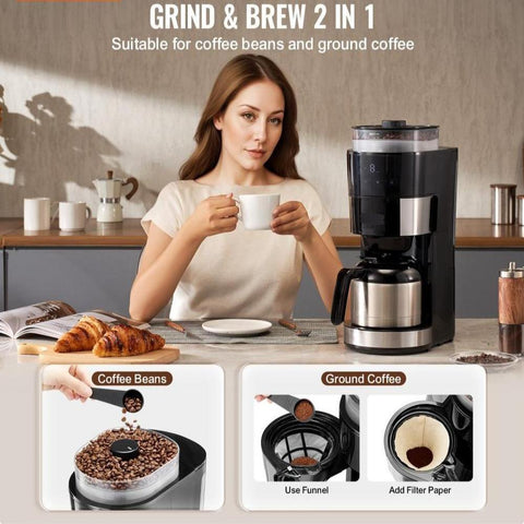 Coffee Maker with Grinder, 8 Cup Programmable Coffee Machine, Grind and Brew Coffee Maker with 24-Hour Timer for Auto Brew, Reusable Filter, for Home Office Restaurant