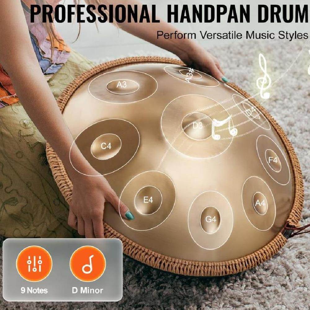 Handpan Drum, 22 in & 9 Notes, D Minor Hand Drum, Hand Pan Drum Instrument with Mallets, 440Hz Handpan Stand & Carry Bag, Steel Healing Sound Drum, Percussion Instruments for Adults Beginners