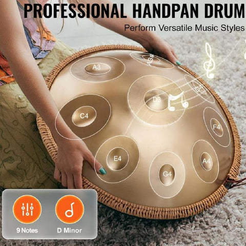 Handpan Drum, 22 in & 9 Notes, D Minor Hand Drum, Hand Pan Drum Instrument with Mallets, 440Hz Handpan Stand & Carry Bag, Steel Healing Sound Drum, Percussion Instruments for Adults Beginners