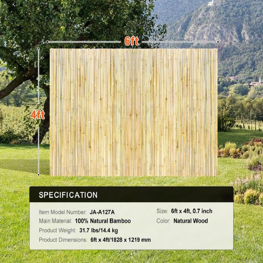 Natural Rolled Bamboo Fence Bamboo Panel 4 ft H x 6 ft L x 0.75 in D.