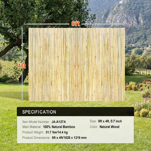 Natural Rolled Bamboo Fence Bamboo Panel 4 ft H x 6 ft L x 0.75 in D.