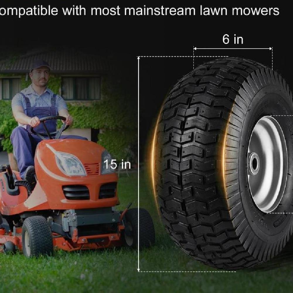 Lawn Mower Tires, 15x6-6" Lawn Tractor Tires, 2-Pack Tire and Wheel Assemblies, Turf Pneumatic Tires with 3" Centered Hub and 3/4" Bushing Size, 16 PCS Adapters for Riding Mowers Lawn Tractors