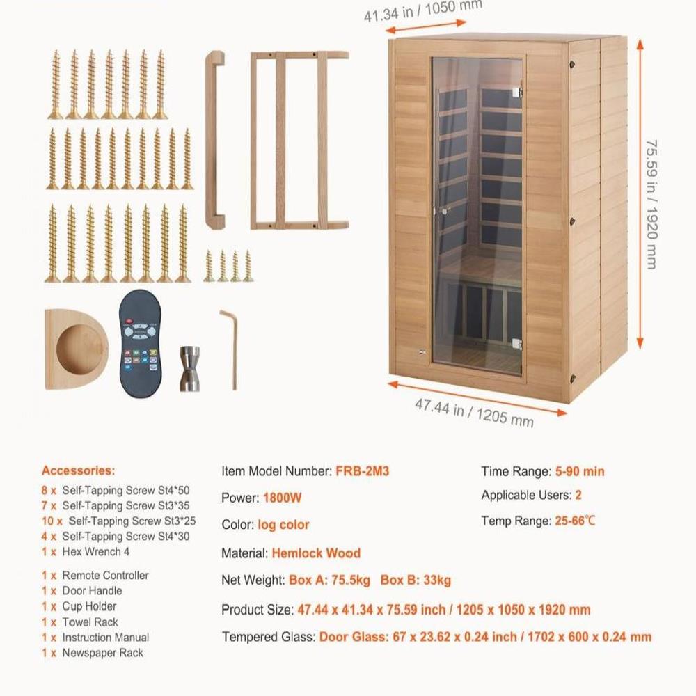 Far Infrared Wooden Sauna, Room Home Sauna Spa for 2 Person 1800W