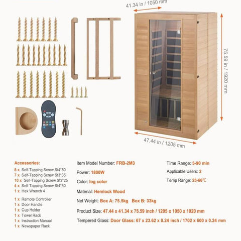 Far Infrared Wooden Sauna, Room Home Sauna Spa for 2 Person 1800W
