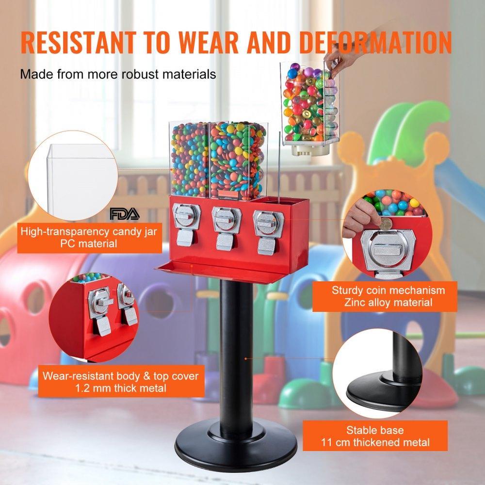 Commercial Vending Machine, Triple Compartment Candy Dispenser with Iron Stand, Gumball and Candy Machine for Business, Coin Operated Gumball Bank for Toy Capsules Bouncy Balls Candy Nut, Red
