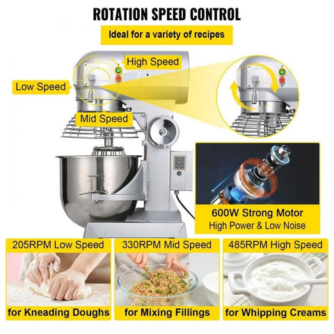 Commercial Food Mixer 15Qt 600W 3 Speeds Adjustable 110/178/390 RPM Heavy Duty 110V with Stainless Steel Bowl Dough Hooks Whisk Beater Premium for Schools Bakeries Restaurants Pizzerias
