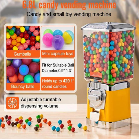 Gumball Machine for Kids, 17"H Home Candy Vending Machine, PC Gumball Dispenser, Bubble Gum Machine for Game Stores, Coin Operated Gumball Bank for Toy Capsules Bouncy Balls Candy, Yellow