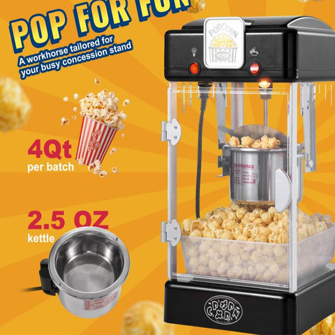 Popcorn Maker, 300W Popcorn Popper Machine, 2.5 Oz Kettle Makes 4 QT per Batch, Tabletop Popcorn Maker with PP Door, Includes 2 Scoops and Tray, Movie Theater Style, Black