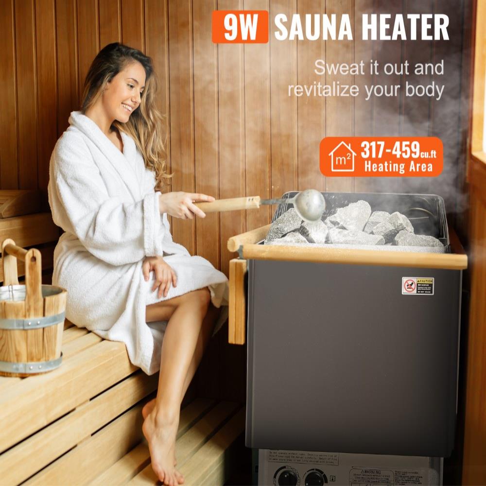 9KW Sauna Heater, Steam Bath Sauna Heater with Built-In Controls, Electric Sauna Stove, 3h Timer and Adjustable Temp for Max. 317-459 Cubic Feet, Home Hotel Spa Shower Use 220V, FCC Certification