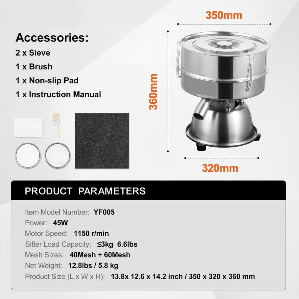 Automatic Electric Vibrating Sieve, Stainless Steel Sifter Shaker Machine with 40+60 Mesh, 45W Automatic Powder Sifter Machine Countertop, Electric Sieve Shaker for Flour Powers, Mungbean, Rice