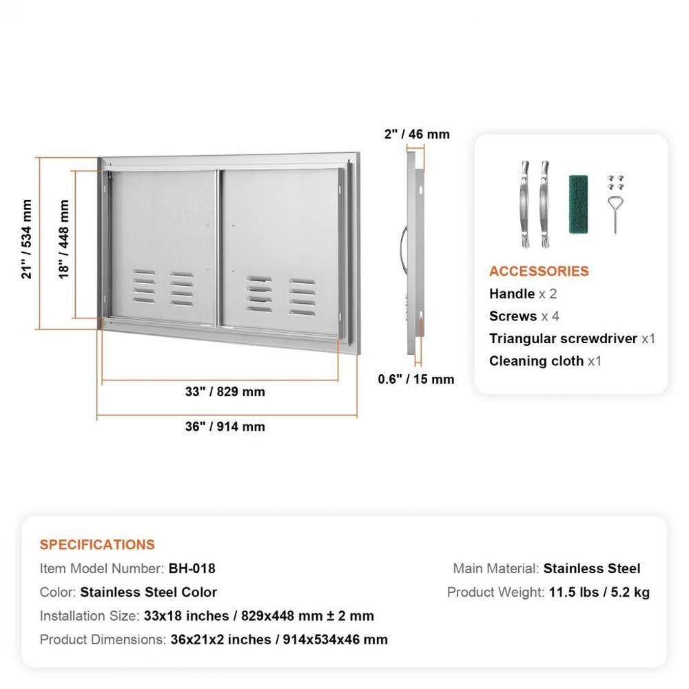 BBQ Access Door, 36W x 21H Inch Double Outdoor Kitchen Door, Stainless Steel Flush Mount Door, Wall Vertical Door with Handles and Vents, for BBQ Island, Grilling Station, Outside Cabinet