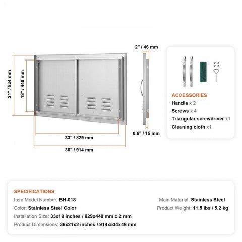 BBQ Access Door, 36W x 21H Inch Double Outdoor Kitchen Door, Stainless Steel Flush Mount Door, Wall Vertical Door with Handles and Vents, for BBQ Island, Grilling Station, Outside Cabinet