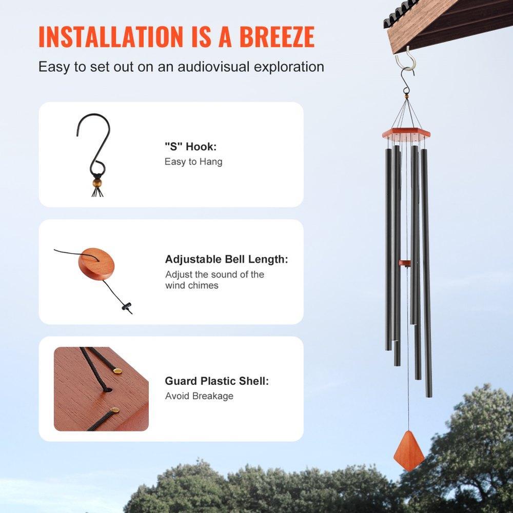 Wind Chimes for Outside, 60 in, Deep Tone Wind Chimes with 6 Tubes, Unique Large Memorial Wind Chimes for Anniversary, Amazing Outdoor Decor for Your Patio, Porch, Garden and Backyard, Black