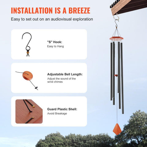 Wind Chimes for Outside, 60 in, Deep Tone Wind Chimes with 6 Tubes, Unique Large Memorial Wind Chimes for Anniversary, Amazing Outdoor Decor for Your Patio, Porch, Garden and Backyard, Black