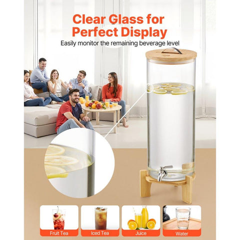 Beverage Dispenser, 3.5 Gallon Drink Dispensers for Parties, Glass Juice Dispenser with Wood Stand, Stainless Steel Spigot, Iced Tea Lemonade Juice Water Dispensers for Parties