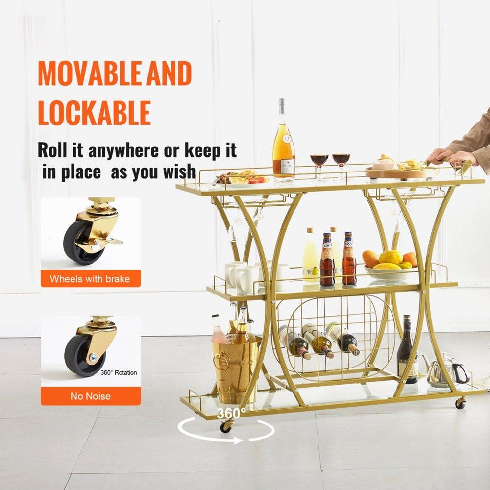 3 Tiers Gold Metal Bar Serving Cart with Wine Rack Glass Holder 180 LBS