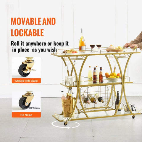 3 Tiers Gold Metal Bar Serving Cart with Wine Rack Glass Holder 180 LBS