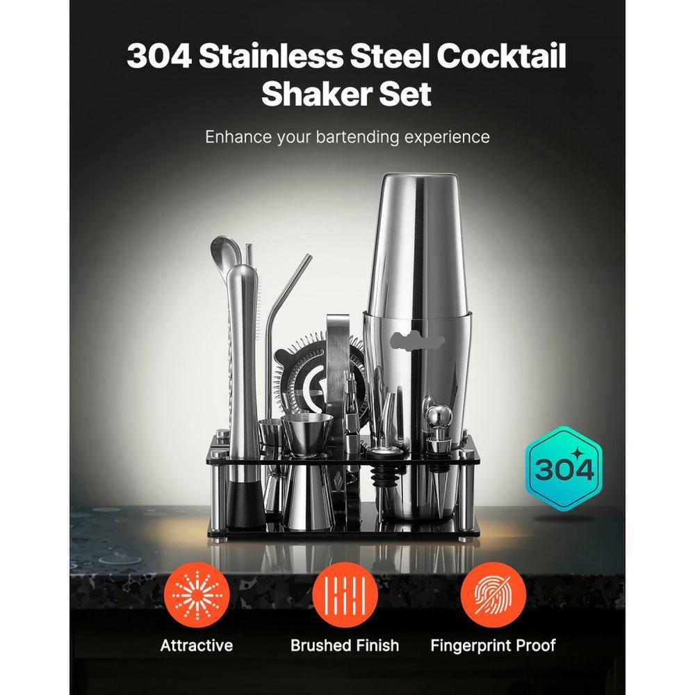 Cocktail Shaker Set, 14-Piece Stainless Steel Bar Tools with Acrylic Stand, Boston Bartender Kit Accessories | Mixer Spoon, Muddler, Jiggers, Strainer, Liquor Pourer, Ice Tong, Corkscrew, Silver