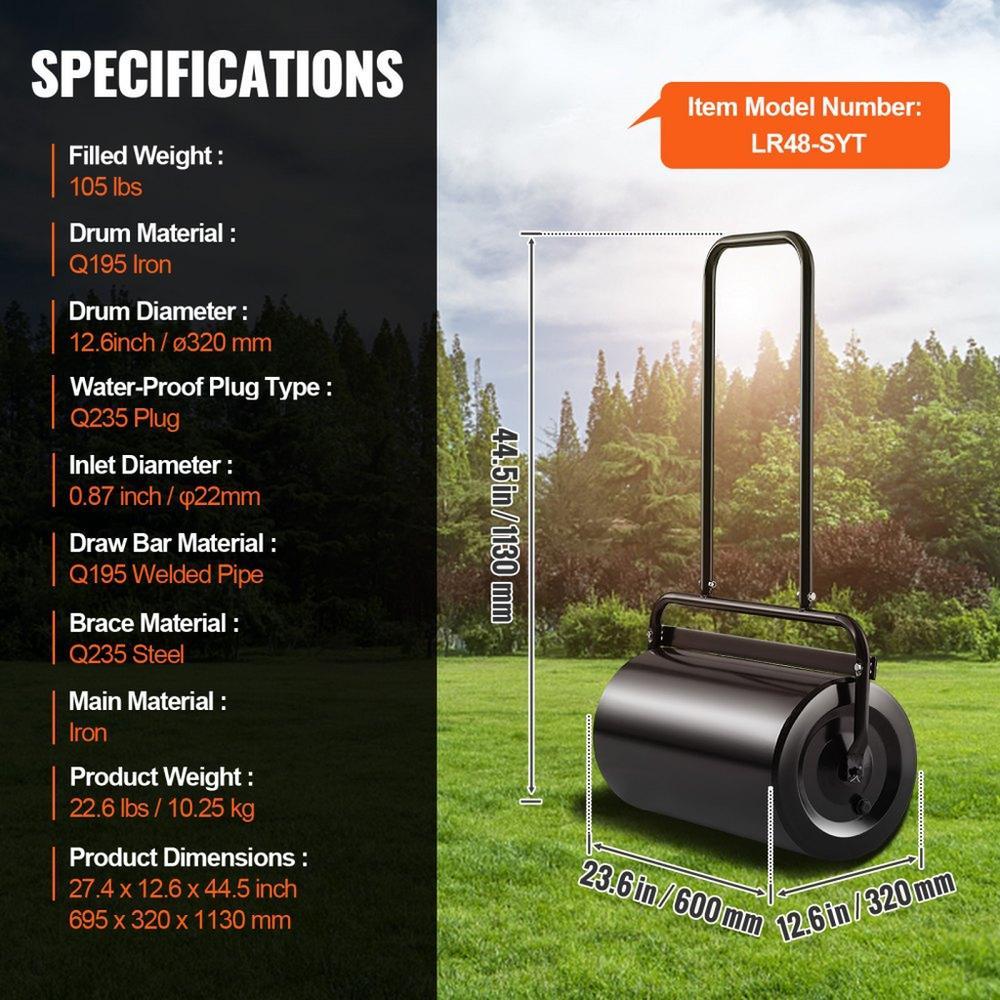 Lawn Roller 13 Gallon Sand or Water Filled Steel Sod Roller with Easy Turn Plug and U Shaped Handle for Lawn Garden Farm and Park Black