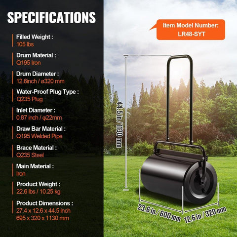 Lawn Roller 13 Gallon Sand or Water Filled Steel Sod Roller with Easy Turn Plug and U Shaped Handle for Lawn Garden Farm and Park Black