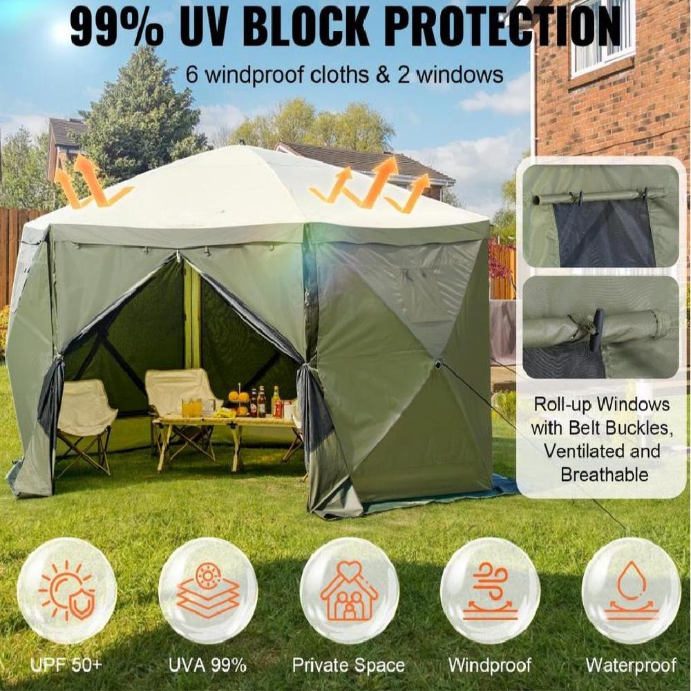 Pop Up Gazebo Tent, Pop-Up Screen Tent 6 Sided Canopy Sun Shelter with 6 Removable Privacy Wind Cloths & Mesh Windows, 12x12FT Quick Set Screen Tent with Mosquito Netting, Army Green