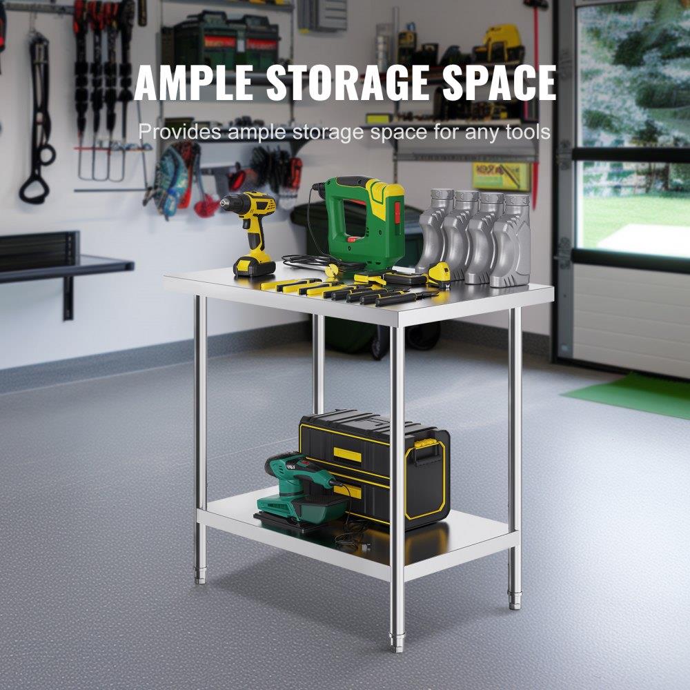 Stainless Steel Prep Table 24 x 36 x 34 Inch Heavy Duty Work Table with Adjustable Height Commercial Workstation for Kitchen Garage Restaurant Backyard