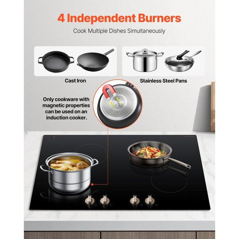 Induction Cooktop, 6600W Electric Countertop Burner, 4 Burner Knob Control Stove, Built-in Induction Cooktop with 12 Temperature Settings, Glass Surface, Auto Shut-Off