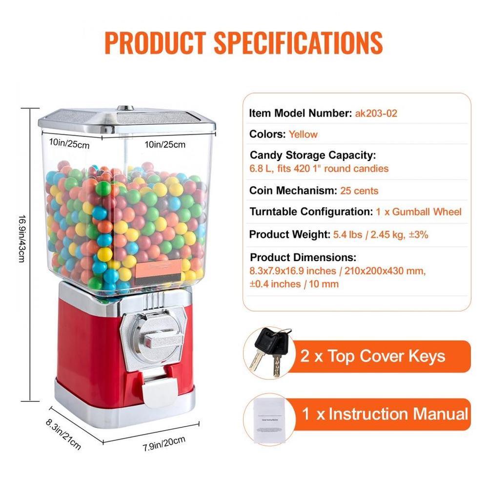 Gumball Machine for Kids, 17"H Home Candy Vending Machine, PC Gumball Dispenser, Bubble Gum Machine for Game Stores, Coin Operated Gumball Bank for Toy Capsules Bouncy Balls Candy, Red