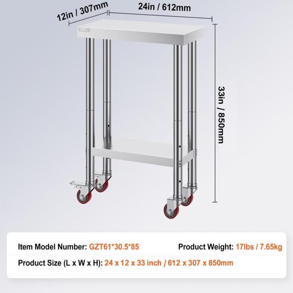 Stainless Steel Work Table 12 x 24 x 34 Inch, 700 LBS Load Capacity with 4 Wheels, 3 Adjustable Height Levels, Heavy Duty Food Prep Worktable for Commercial Kitchen Restaurant, Silver