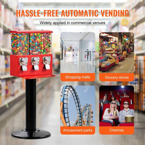 Commercial Vending Machine, Triple Compartment Candy Dispenser with Iron Stand, Gumball and Candy Machine for Business, Coin Operated Gumball Bank for Toy Capsules Bouncy Balls Candy Nut, Red