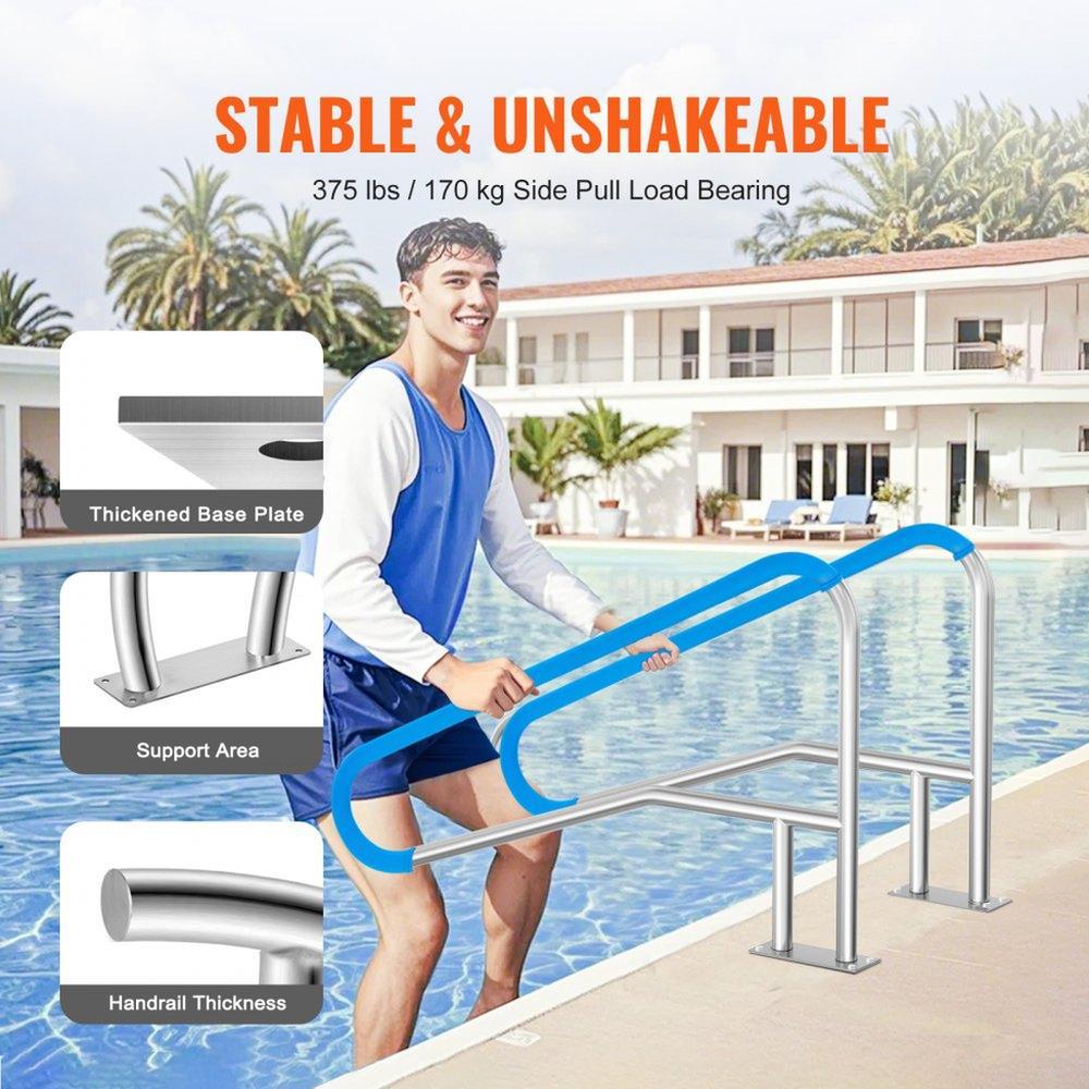 Pool Handrail 54 x 36 inch Stainless Steel Railing with Base Plate for Indoor and Outdoor Pools Safety Deck Railing Rust Proof Grab Bar with Grip Cover and Accessories for Spas