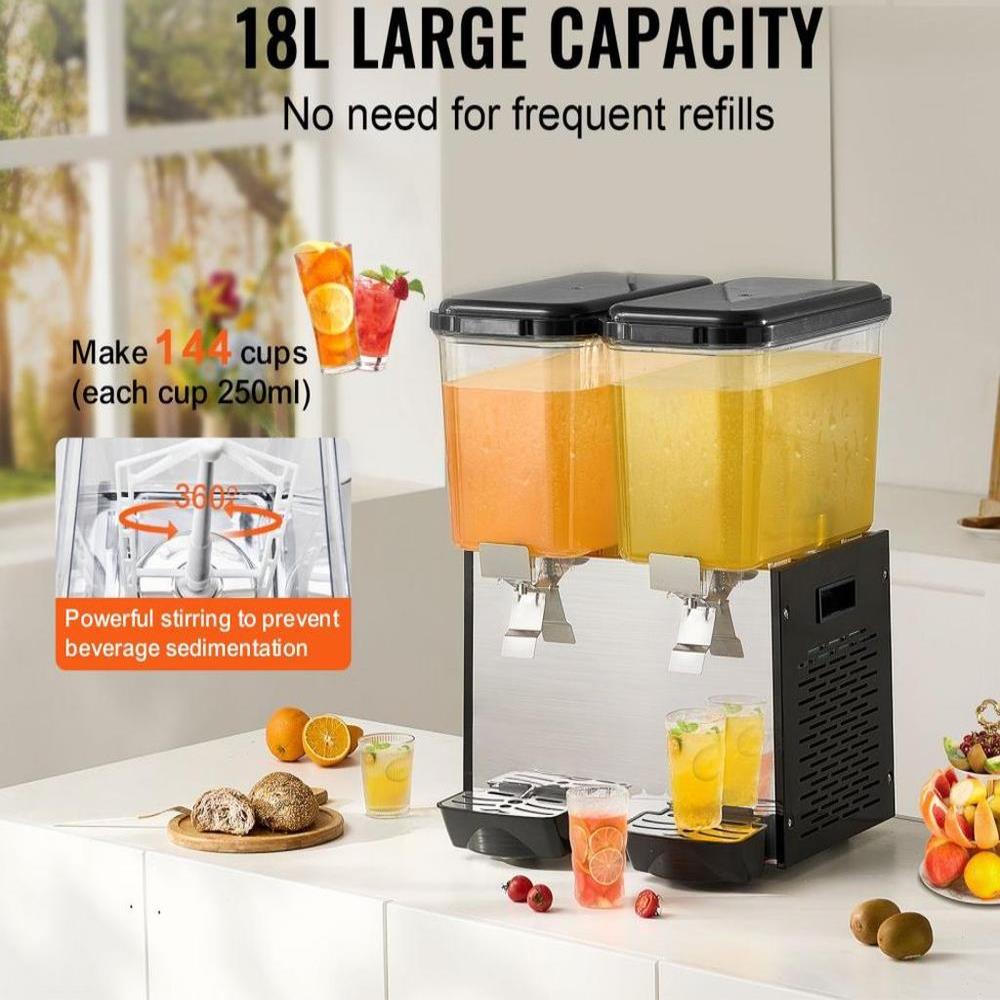 Commercial Beverage Dispenser, 2 Tanks 18 L / 19 QT Per Tank Juice Dispenser, 370W Stainless Steel Ice Tea Drink Machine with 45°F-54°F Cooling Temperature, for Cold Drink Restaurant Bar Party