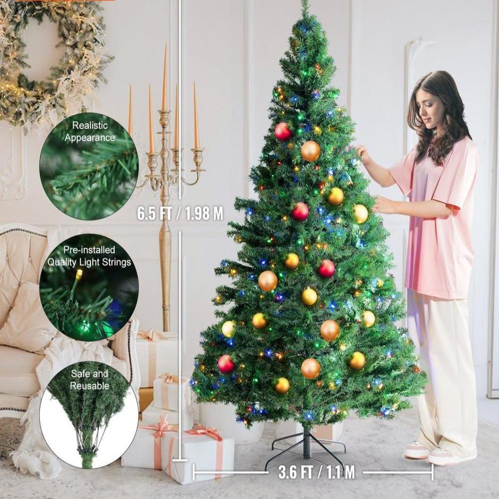 Christmas Tree 65 ft Prelit Artificial Xmas Tree with 450 Multicolor LED Lights 1227 Branch Tips and Metal Base for Home Party Office Decoration