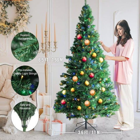 Christmas Tree 65 ft Prelit Artificial Xmas Tree with 450 Multicolor LED Lights 1227 Branch Tips and Metal Base for Home Party Office Decoration