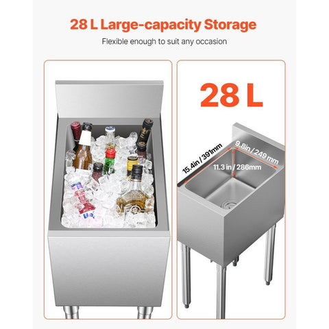 Commercial Ice Bin, 28 L Underbar Ice Bin, 12 x 19 x 37 in Stainless Steel Ice Chest with Sliding Lid, Bottle Holders, Adjustable Bullet Feet, Cooler Cart Cocktail Unit for Bar Restaurant Pub