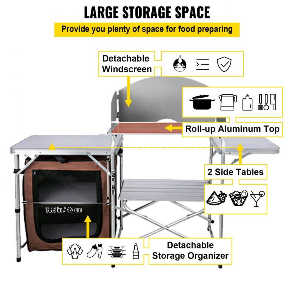 Camping Kitchen Table Picnic Cabinet Folding Cooking Storage Rack Portable Brown