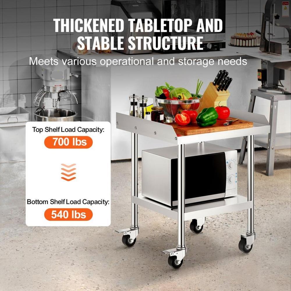 Stainless Steel Work Table, 24 x 24 x 30 Inch Commercial Food Prep Worktable with 4 Wheels, Casters, 3-Sided Backsplash Heavy Duty Prep Worktable, Metal Work Table for Restaurant Home Hotel