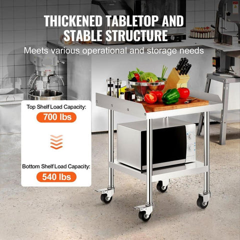 Stainless Steel Work Table, 24 x 24 x 30 Inch Commercial Food Prep Worktable with 4 Wheels, Casters, 3-Sided Backsplash Heavy Duty Prep Worktable, Metal Work Table for Restaurant Home Hotel