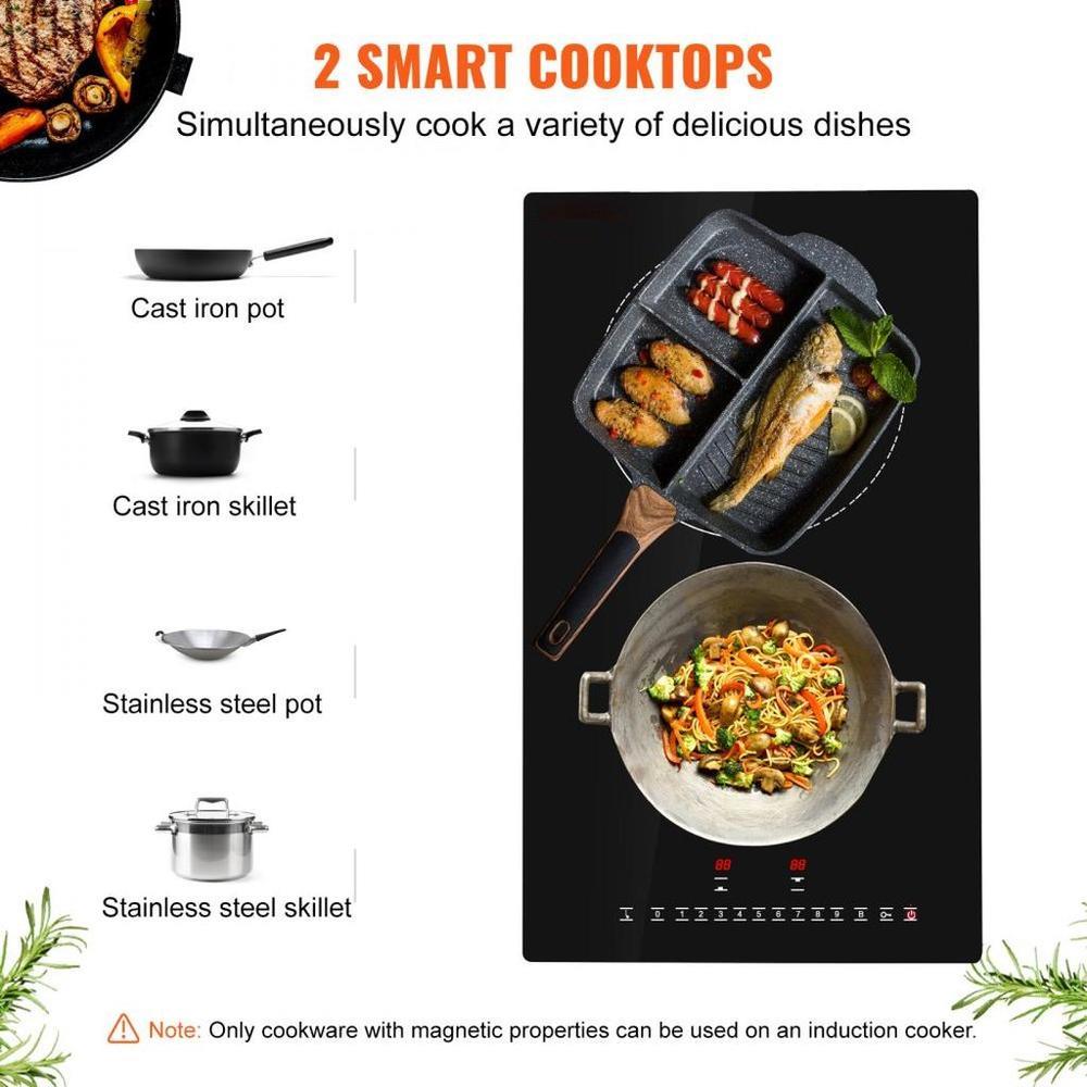 Electric Cooktop, 2 Burners, 12'' Induction Stove Top, Built-in Magnetic Cooktop 3000W, 9 Heating Level Multifunctional Burner, LED Touch Screen w/ Child Lock & Over-Temperature Protection