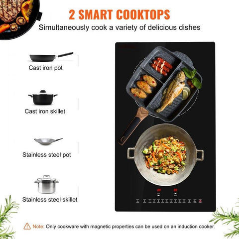 Electric Cooktop, 2 Burners, 12'' Induction Stove Top, Built-in Magnetic Cooktop 3000W, 9 Heating Level Multifunctional Burner, LED Touch Screen w/ Child Lock & Over-Temperature Protection