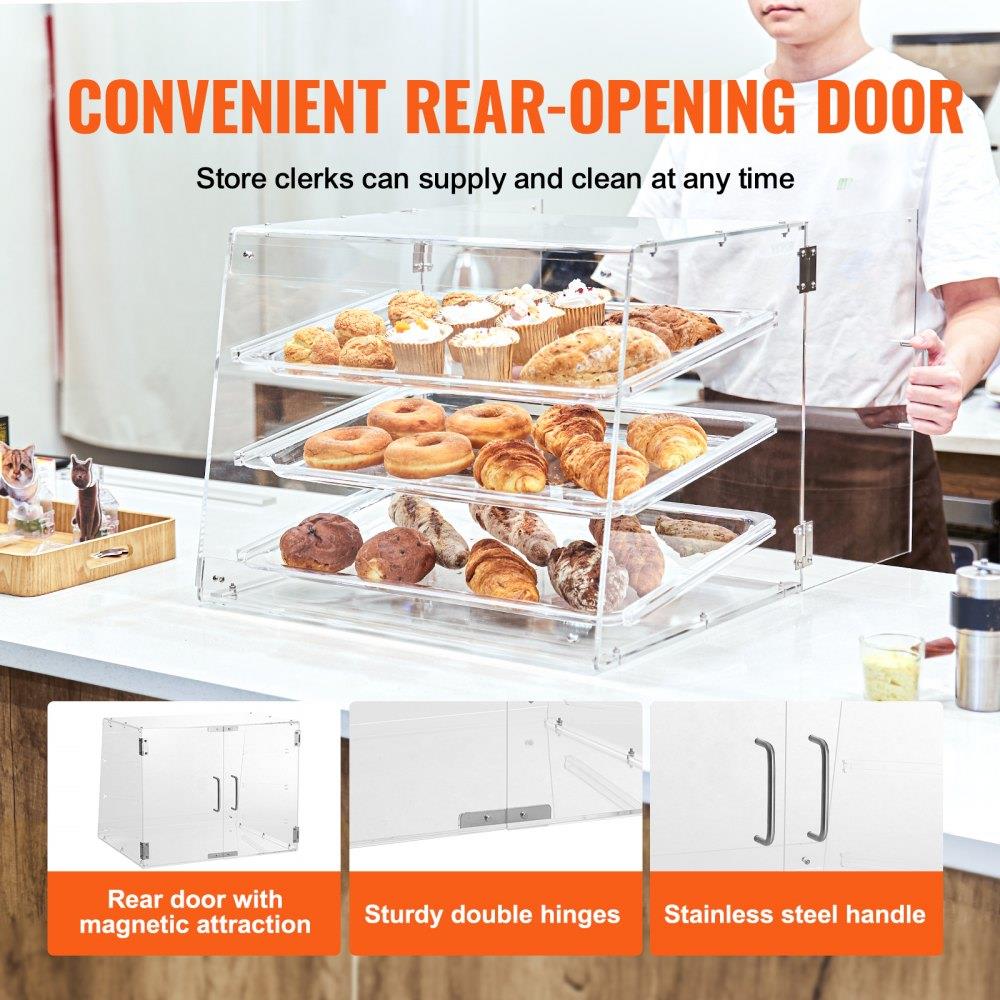 Pastry Display Case, 3-Tier Commercial Countertop Bakery Display Case, Acrylic Display Box with Rear Door Access & Removable Shelves, Keep Fresh for Donut Bagels Cake Cookie, 20.7"x14.2"x16.3"
